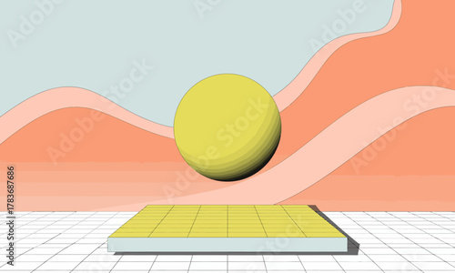 A striking yellow sphere levitating above a patterned surface, embodying a sense of playfulness and creativity in a minimalist abstract art context.