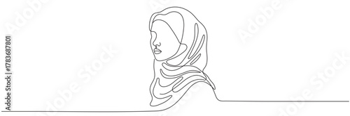 Continuous line drawing of a Muslim woman wearing a hijab. Single line vector of an Arab woman isolated on a white background. Editable line