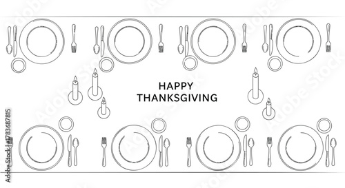 Elegant line art illustration of a thanksgiving dinner table setting with plates cutlery candles and the text happy thanksgiving
