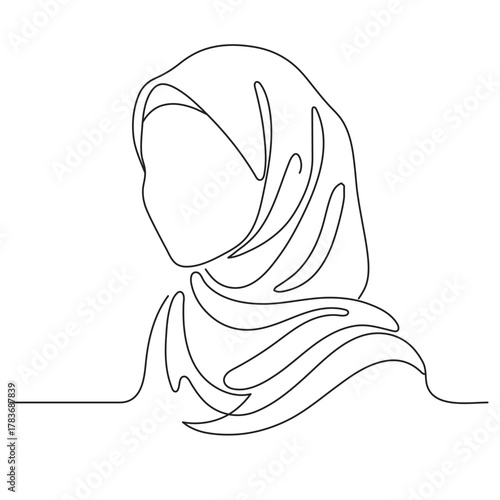 Continuous line drawing of a Muslim woman wearing a hijab. Single line vector of an Arab woman isolated on a white background. Editable line