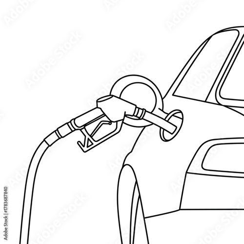 Close up line drawing of a gas pump nozzle filling a car fuel tank
