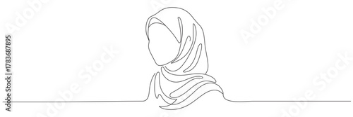 Continuous line drawing of a Muslim woman wearing a hijab. Single line vector of an Arab woman isolated on a white background. Editable line