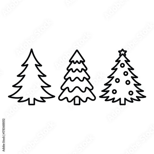 Three hand drawn christmas trees in a row on white background