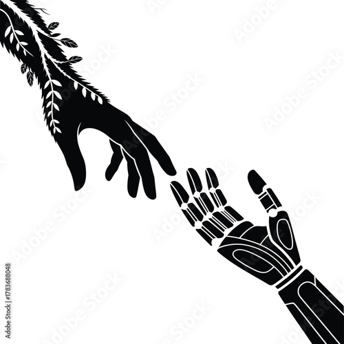 Human hand reaching towards robotic hand with plant growth