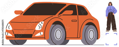 Orange compact car with curved design and oversized wheels next to a casually dressed woman. Ideal for transportation, travel, lifestyle, automotive design, urban mobility, eco-friendly living, size