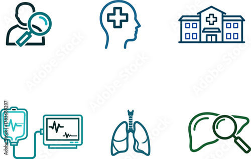 Medical icons representing healthcare services diagnostics treatment and medical facilities