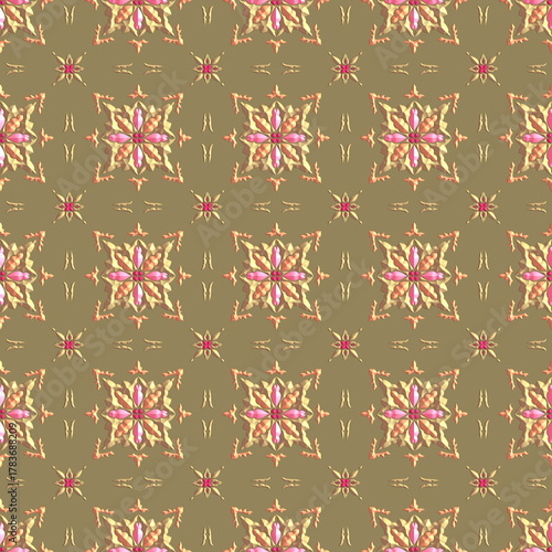 Elegant seamless floral pattern with pastel pink, gold, and white watercolor style motifs on a muted khaki/olive green background. Luxury texture for fabric, paper, or vintage design.