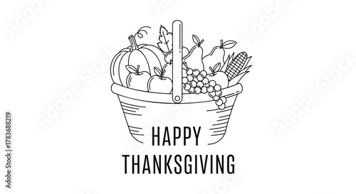 Happy thanksgiving greeting with a line art basket overflowing with autumn harvest fruits and vegetables