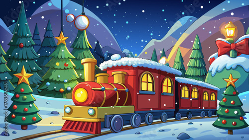 magical train covered with snow going through a Christmas forest with decorated pine trees, night scene.