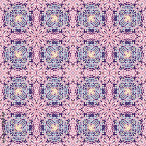 Seamless pixelated mosaic pattern background in soft pastel shades of pink, lavender, and beige. Intricate, feminine texture for digital paper, fabric, or bohemian design.