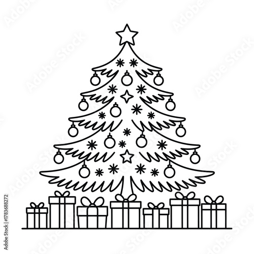 Simple line drawing of a decorated christmas tree with presents