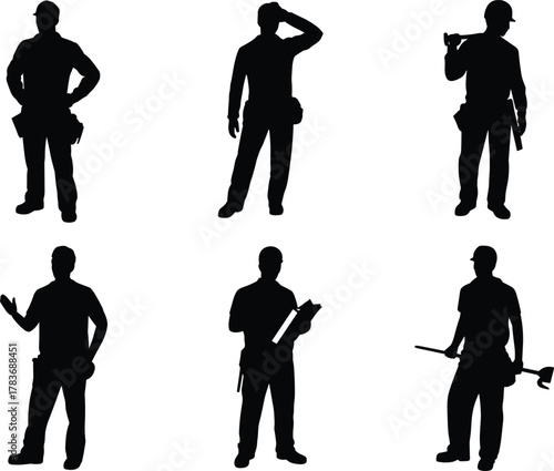 Construction workers silhouette, tool belt, wrench, blueprint, shovel, teamwork, labor force, industrial job, manual work, tradesperson, builder, engineer, foreman, planning, 