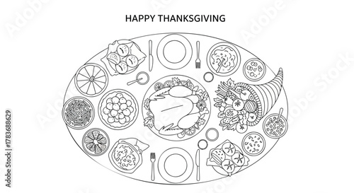 Happy thanksgiving overhead view of a festive holiday meal with roasted turkey and cornucopia illustration