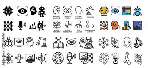 Ai and technology icons: robotics, vision, brain