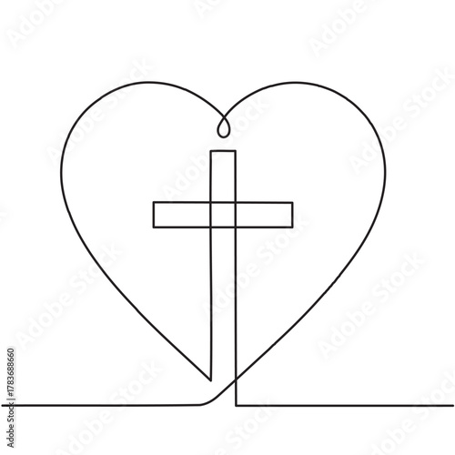Christian church symbol logo in continuous line drawing style. Line art of a heart with Christian cross. One Continuous line drawing cross of Christ and heart. Editable stroke.