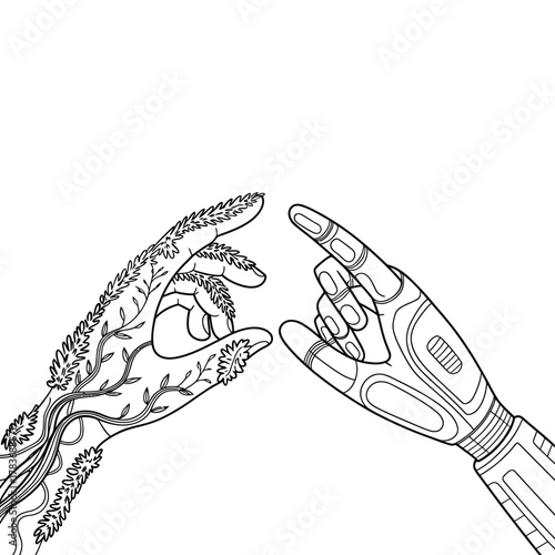 Two detailed robotic hands reaching towards each other