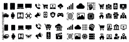 Black icon set for digital communication and media