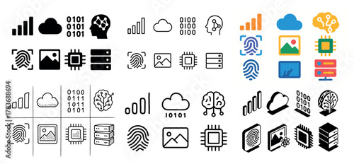 Tech icons: cloud, ai, fingerprint, circuit, data