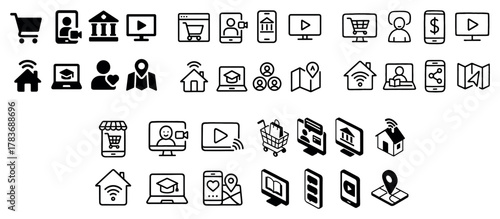 Various digital icons representing online services
