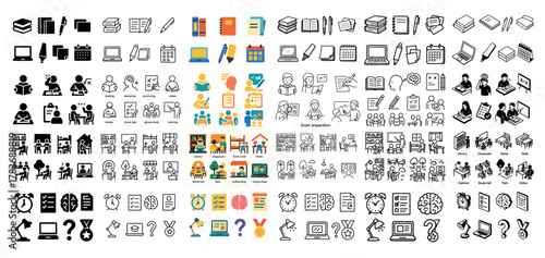 Diverse classroom and study icons overview