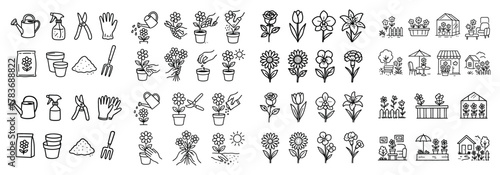 Gardening tools and plant icons collection