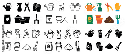 Gardening icons: tools, plants, and pots variety