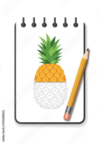 Drawing of a half-colored pineapple on a spiral notebook page with a pencil.