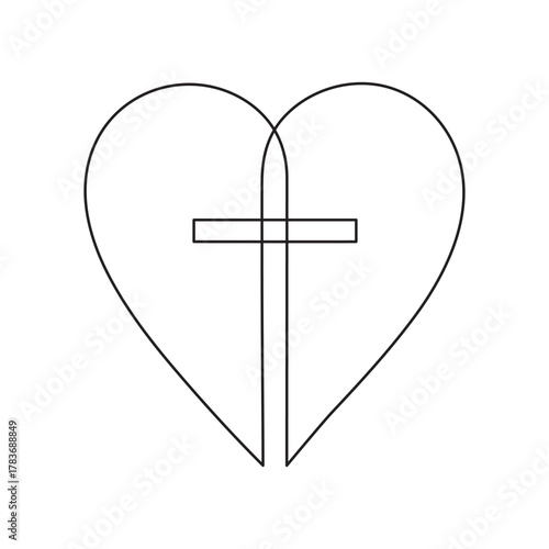 Christian church symbol logo in continuous line drawing style. Line art of a heart with Christian cross. One Continuous line drawing cross of Christ and heart. Editable stroke.