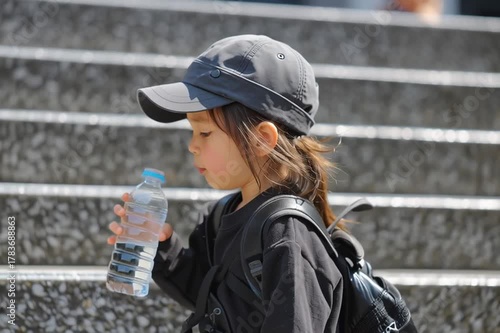 Cute asian girl drinking still water from bottle during walk in the city on hot sunny day