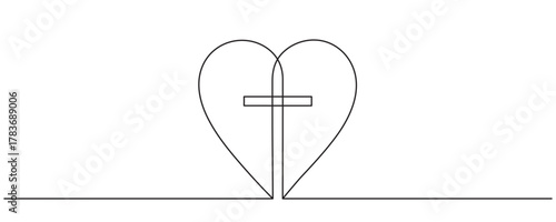 Christian church symbol logo in continuous line drawing style. Line art of a heart with Christian cross. One Continuous line drawing cross of Christ and heart. Editable stroke.