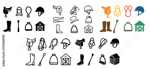 Equestrian equipment icons in various styles and colors