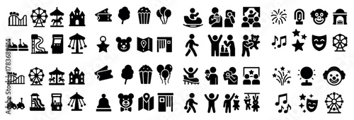 Amusement park icon set with various attractions