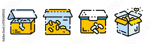 Four cartoon style opened delivery packages filled with contents