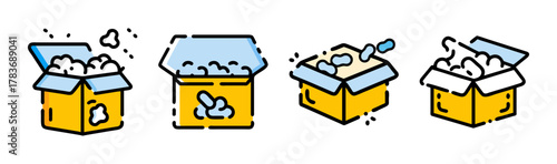 Four cartoon style boxes filled with white fluffy material