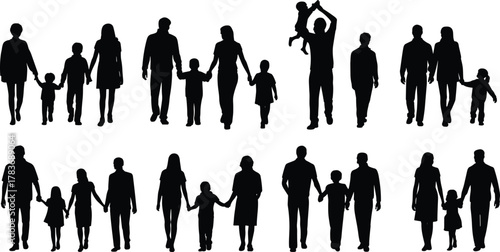 Family silhouettes, diverse family groups, parents and children, walking together, holding hands, bonding moments, black silhouettes, white background,