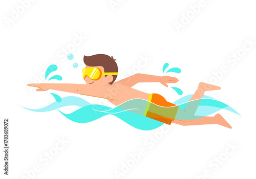 Energetic cartoon boy in swimming goggles doing the crawl stroke, enjoying his time in the water
