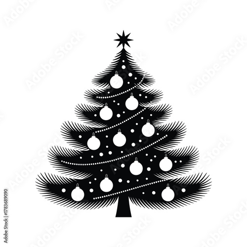 Black and white silhouette of a decorated christmas tree with ornaments