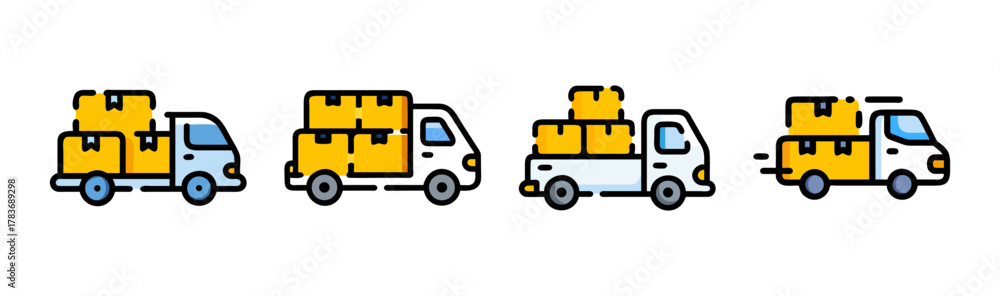 Fototapeta premium Four colorful box trucks carrying cargo in a row