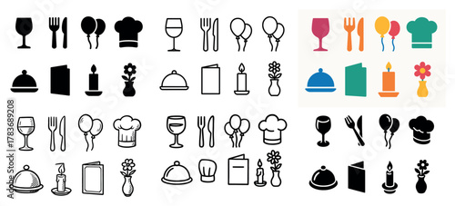 Restaurant icon set with kitchen and dining symbols