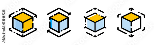 Abstract geometric cubes with yellow and blue colors in isometric view
