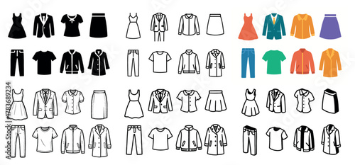 Fashion icon set: dresses, jackets, pants, shirts