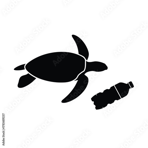 Sea turtle silhouette swimming near plastic bottle pollution