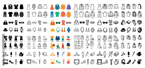 Diverse fashion icons and clothing illustrations