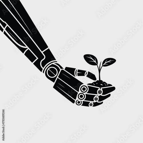 Robot hand holding a small green plant with soil