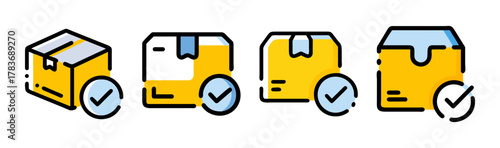 Set of four stylized shipping boxes with checkmarks