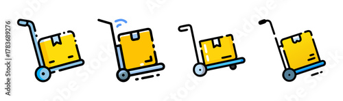 Set of four cargo trolleys with yellow boxes, simple flat design