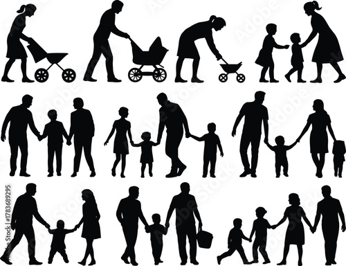 Family silhouettes, parenting moments, children walking, adult child interaction, stroller pushing, nurturing care, family bonding, black figures, parenthood concept, 