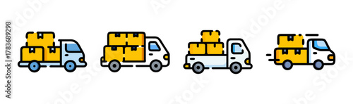 Four colorful box trucks carrying cargo in a row