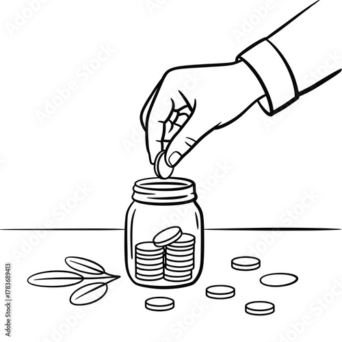 Hand dropping coins into a glass jar for saving money