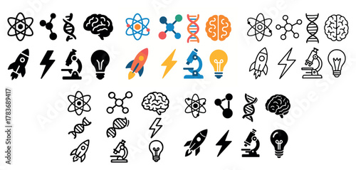 Science icons: dna, molecules, rocket, microscope